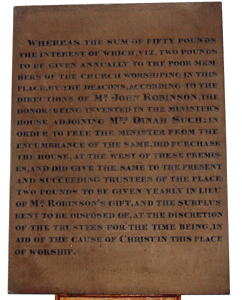 Robinson donation plaque inside West End Baptist Meeting December 2009
